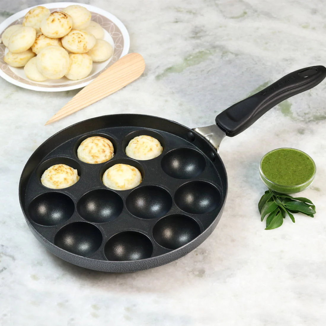 Non-Stick Appa Kara Cookware with 12 cavities | Appam PatraPaniyarakkal | Paniyaram | Appam Pan | Pan Cake Maker | Ponganal Maker | Kuzhi Paniyaram | Paddu Tawa | Cool Touch Bakelite Handle | Pure Grade Aluminium | PFOA Free | 1 Year Warranty | Black - Image 7