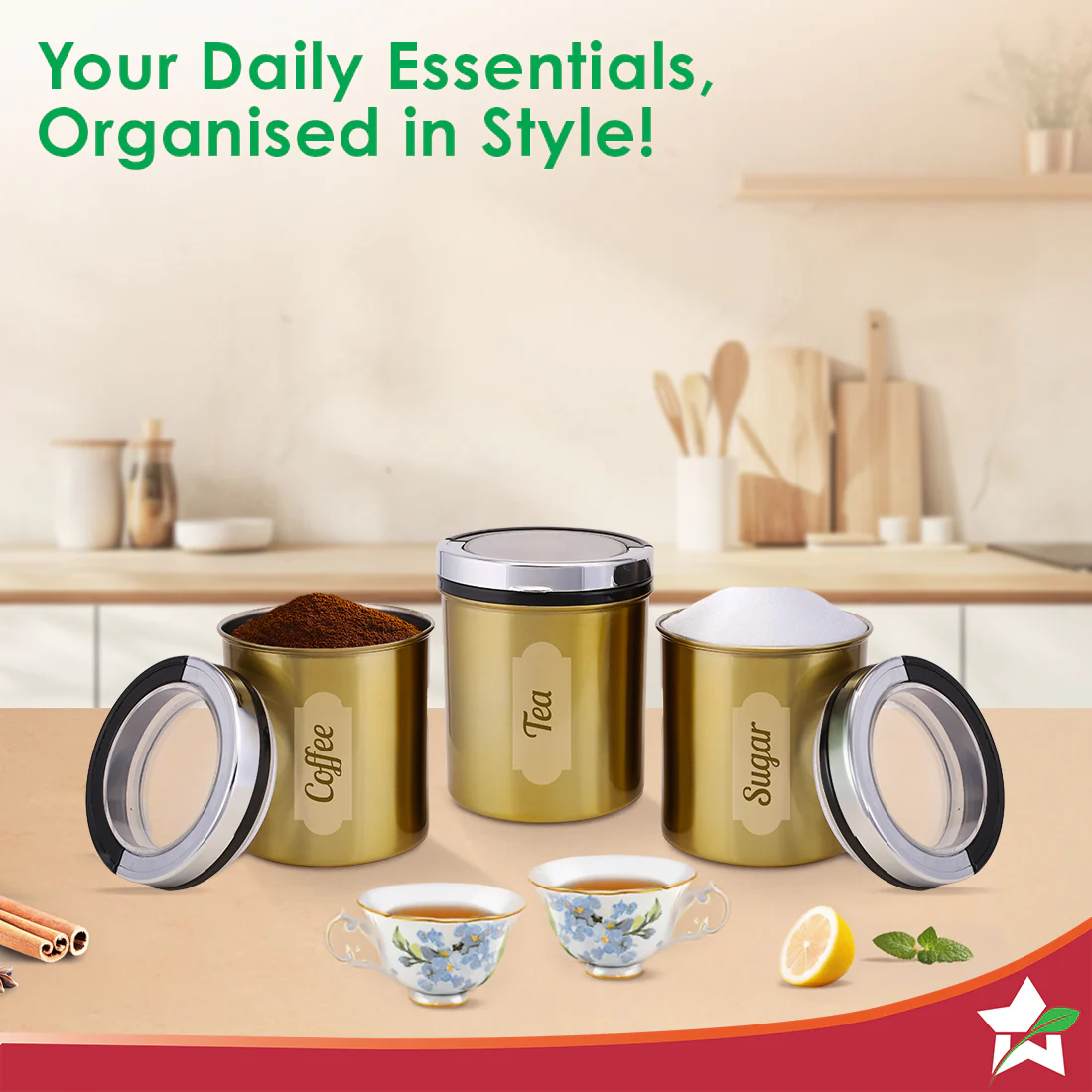 Ambrosia Kitchen Organiser 3 Pc. Set with See-through Lid for Kitchen/Dining Table, Store Tea Coffee Sugar, Airtight Transparent Lid with Silicone Lock Mechanism, 1-Yr Warranty, Gold Finish - Image 4