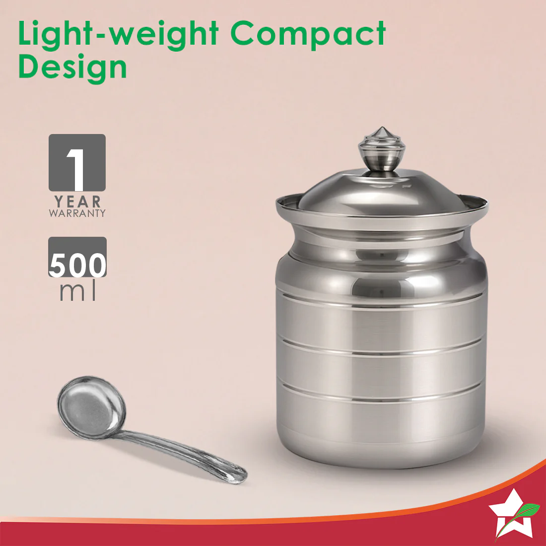 Ambrosia Premium Stainless-steel Ghee Pot with Spoon & Lid, 500 ml, Tight SS Lid, Rust-resistant & Durable Material, Ghee Storage for Kitchen, Multi-purpose Use, Silver, 1-Yr Warranty - Image 3