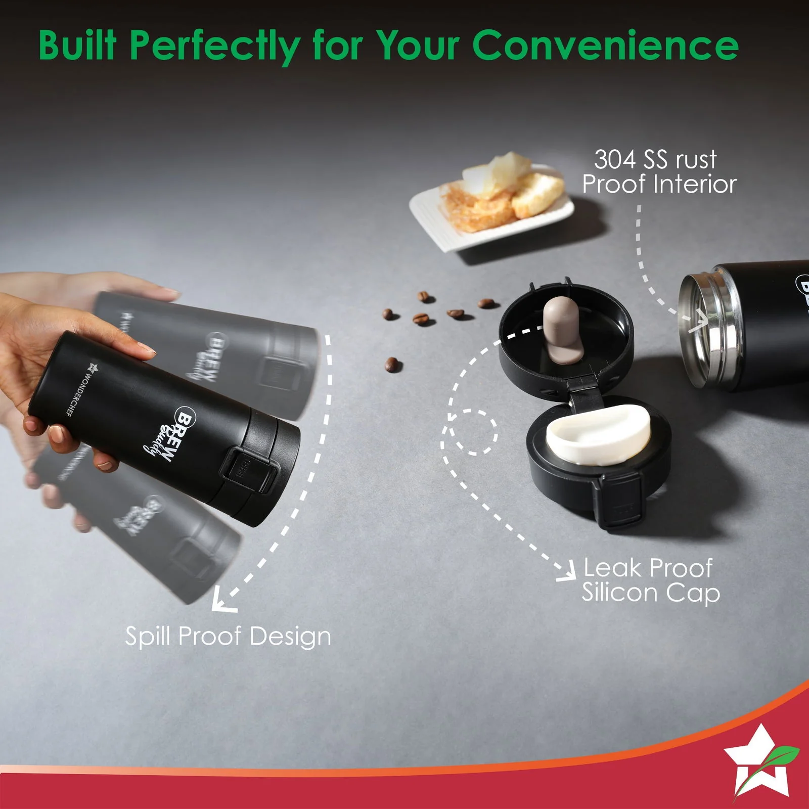Brew Buddy Portable Coffee Mug | 380 ml | 304 Stainless Steel | Rust Proof | Copper Coated | Double Walled Vacuum Insulation | Safe-Lock System| Anti-Skid Base | 1 Year Warranty - Image 4