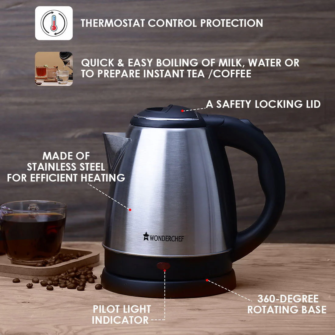 Wonderchef Renewed Crescent Electric Kettle | Stainless Steel | 1.5 Litres | Safety Locking Lid - Image 4