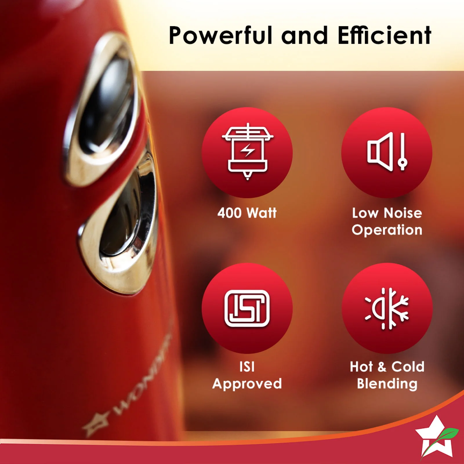 Wonderchef Renewed Crimson Edge 400 W Electric Hand Blender | Powerful & Silent Motor | Portable | Easy Control Grip | Hot & Cold Blending | 2 Speed Selection | Anti Rush Sharp Stainless Steel Blades | Detachable stem | Red - Image 4