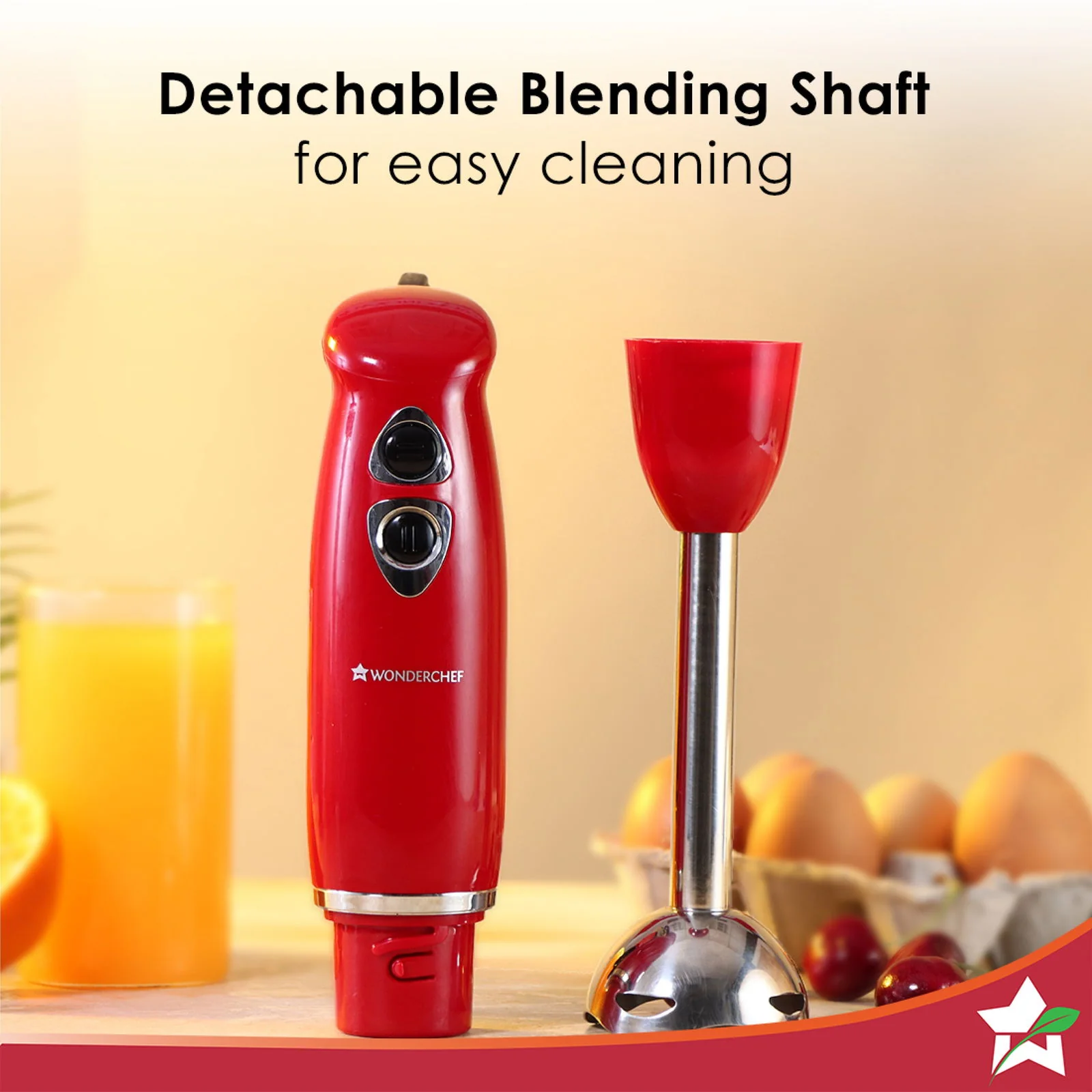 Wonderchef Renewed Crimson Edge 400 W Electric Hand Blender | Powerful & Silent Motor | Portable | Easy Control Grip | Hot & Cold Blending | 2 Speed Selection | Anti Rush Sharp Stainless Steel Blades | Detachable stem | Red - Image 8