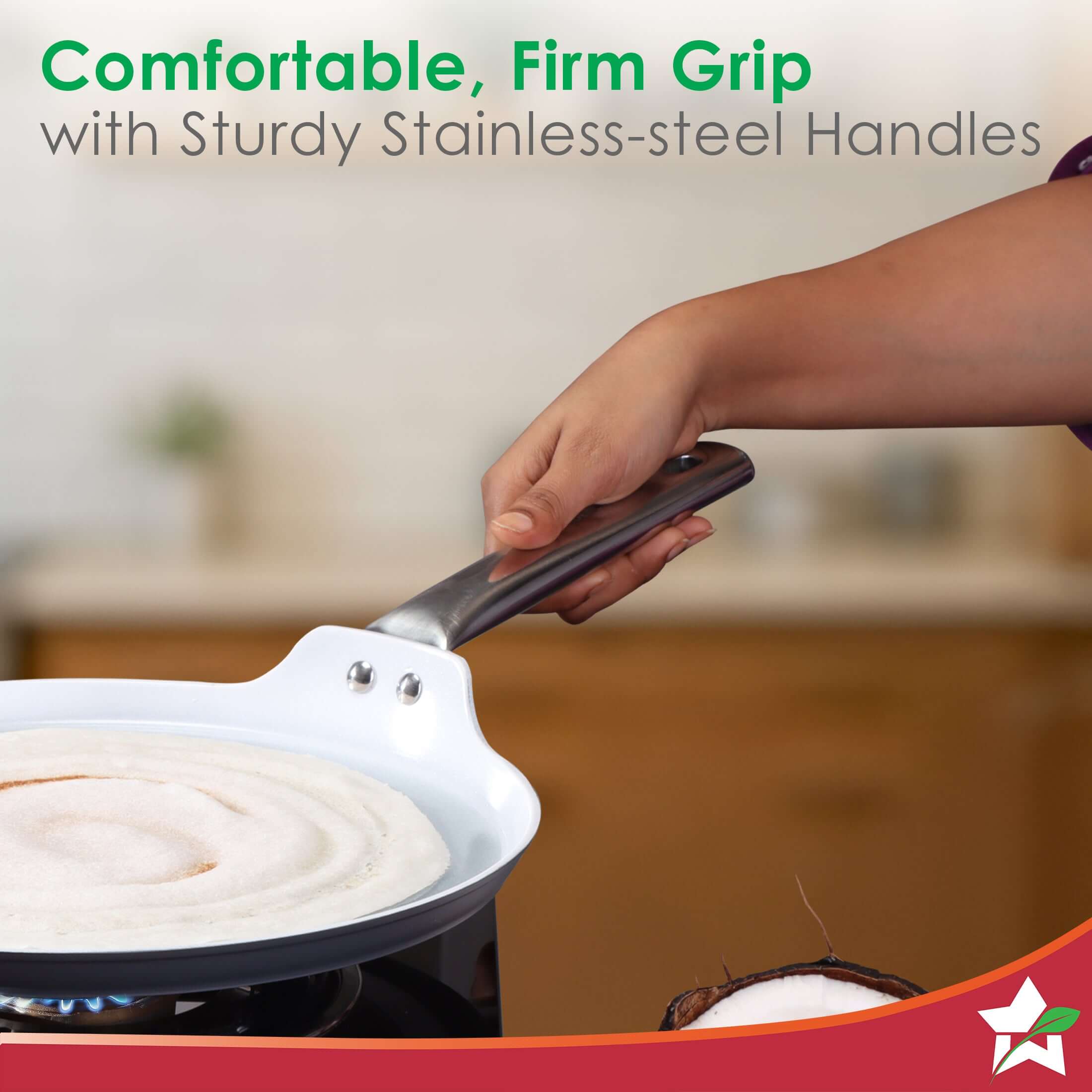 Eco-Glide Ceramic Dosa Tawa 28cm, Non-Toxic, Chemical & PFOA Free, Low Oil Cooking, Scratch-resistant, Stainless-steel Handle, Gas & Induction Compatible, 2-Year Warranty, Grey - Image 5