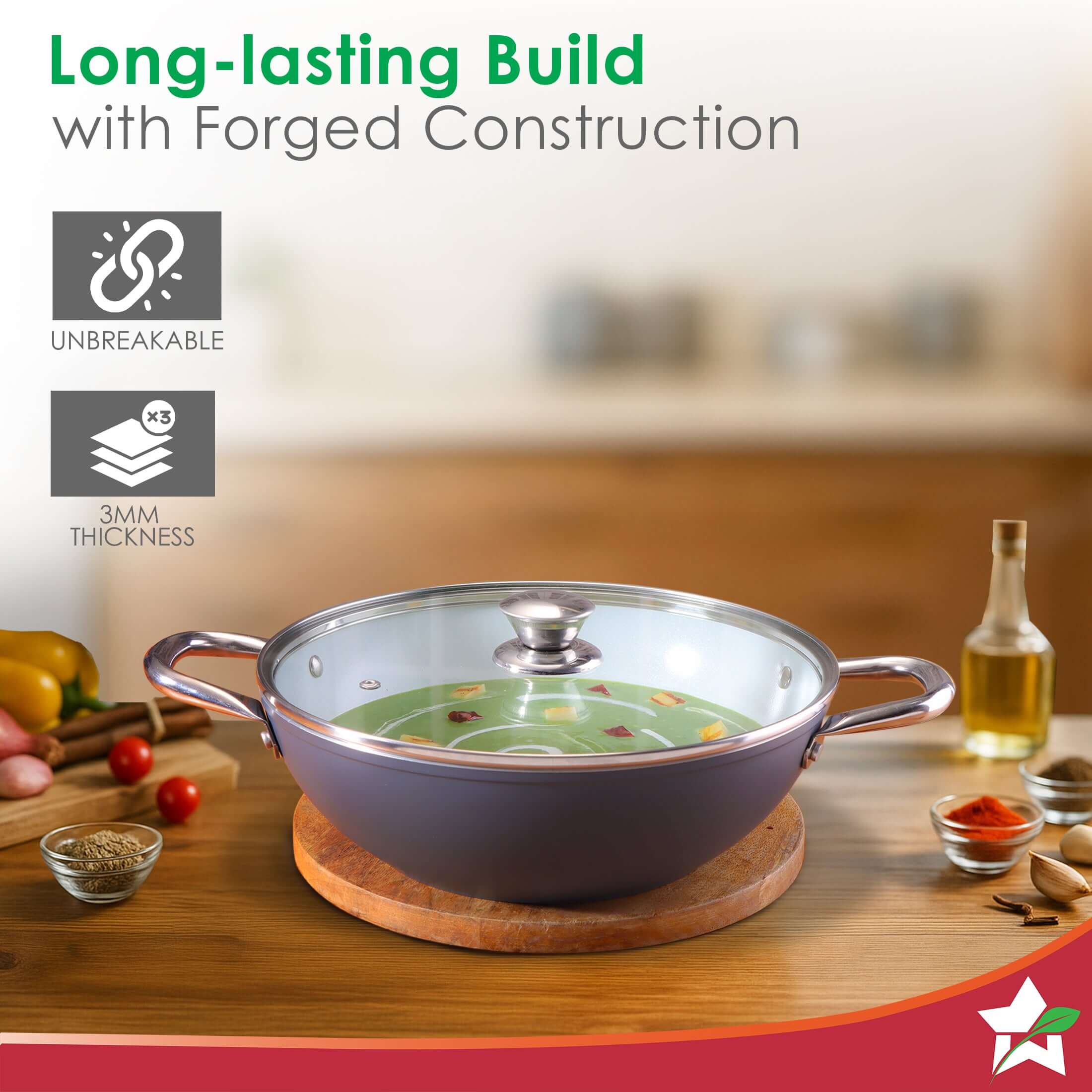 Eco-Glide Ceramic Kadhai 24cm with Glass Lid, 2.5L Non-Toxic, Chemical & PFOA Free, Low Oil Cooking, Scratch-resistant, Stainless-steel Handle, Gas+Induction Compatible, 2-Yr Warranty, Grey - Image 7