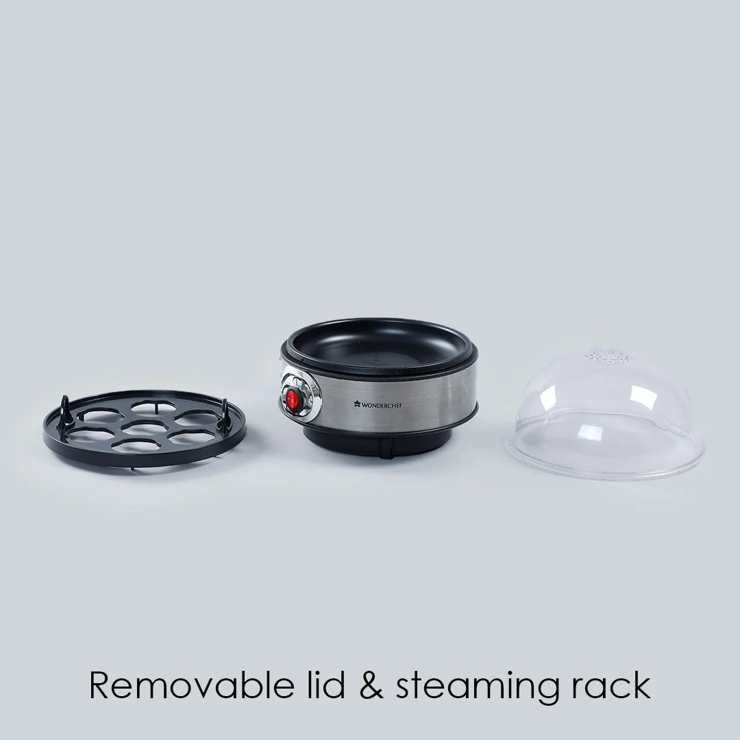 Wonderchef Renewed Egg Boiler with 7 Egg Poachers|3 Boiling Modes|Auto Shut Off Technology| Non-stick Egg Rack, Transparent Lid, Stainless Steel Body & Heating Plate, Steamer Rack| Alarm| Easy & Quick Operation| Black - Image 8