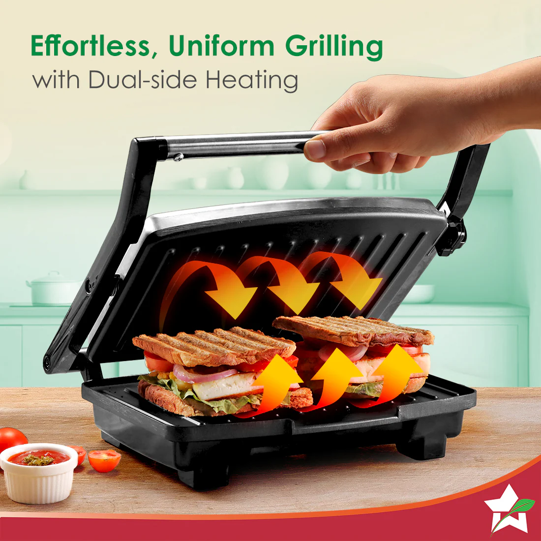 Essenza Contact Grill | 400W | For Thick Sandwiches, Burgers, Patties | Dual-side Heating | Non-stick Grill Plates | Oil Collector Tray | LED Indicator | Compact Design | 1-Year Warranty - Image 3