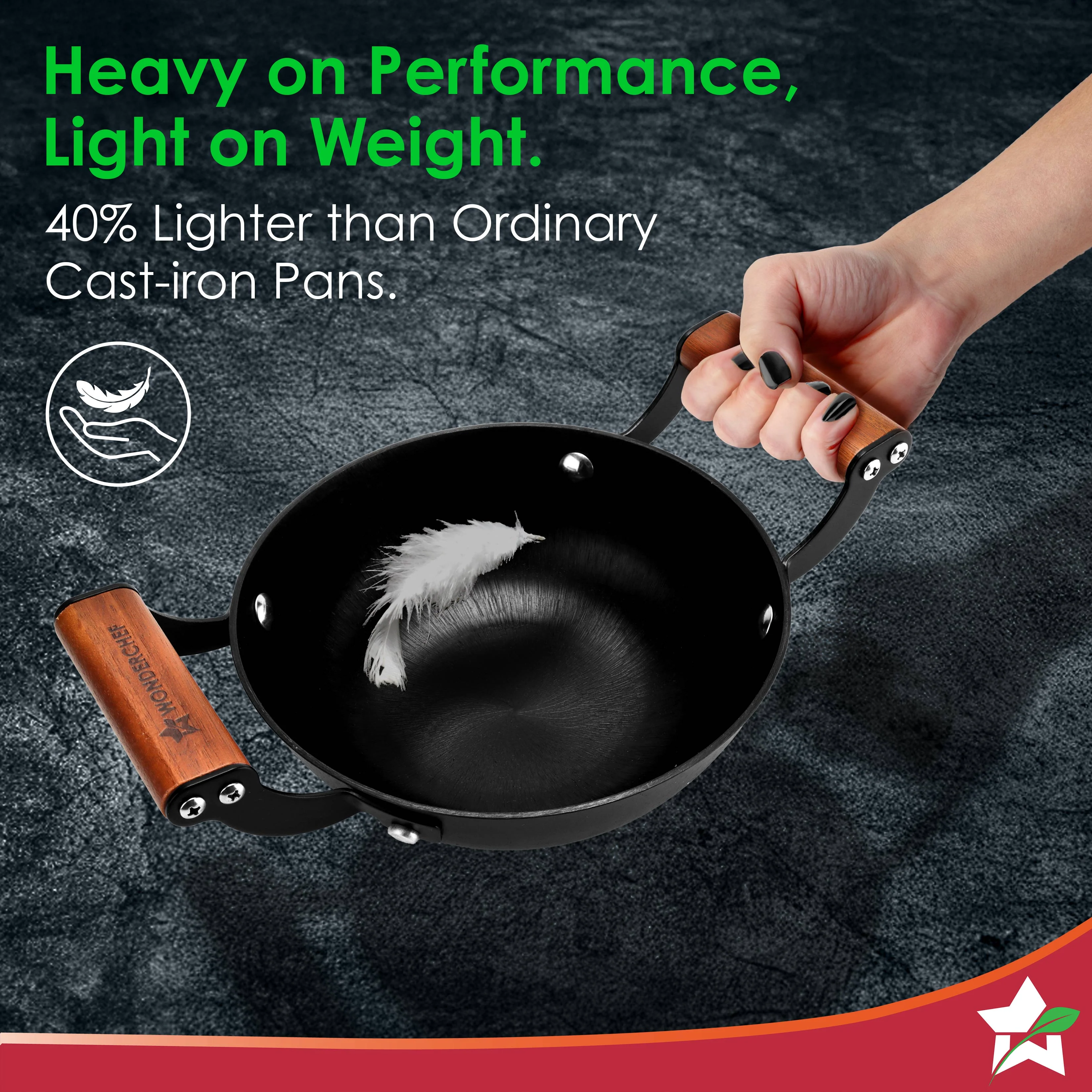 Ferro Light-weight Cast-iron Kadhai, 18cm, 40% Lighter, Pre-seasoned with 100% Vegetable Oil, Non-toxic, Chemical-free, Induction-friendly, Long Cool-touch Wood Handles, 10-Yr Warranty - Image 3
