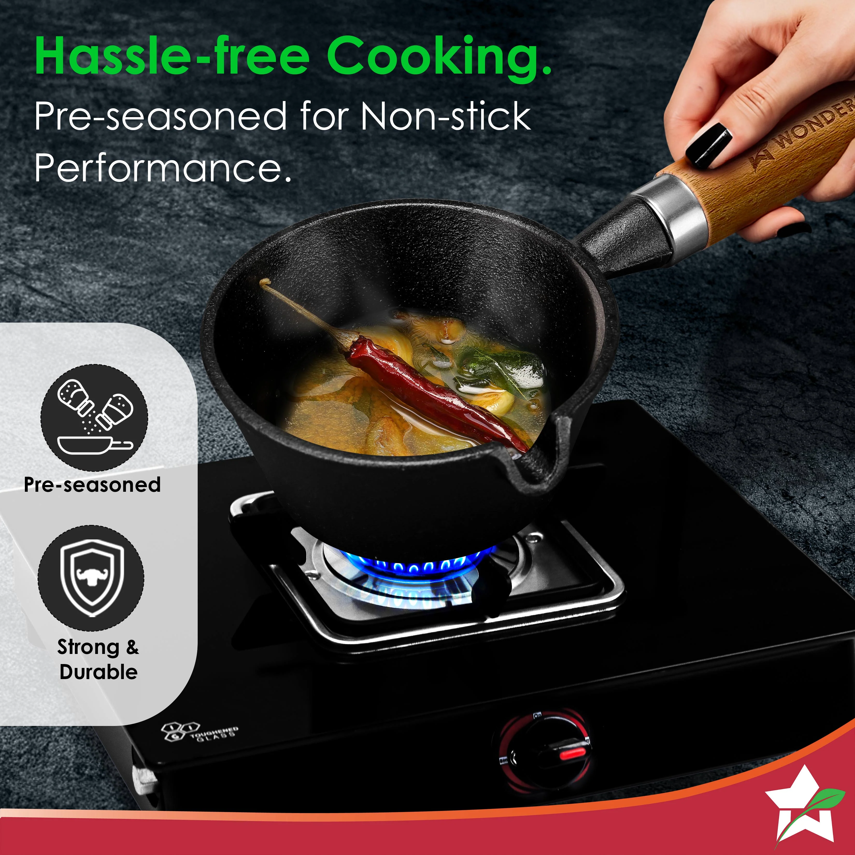 Ferro Light-weight Cast-iron Tadka Pan for Tempering, 40% Lighter, Pre-seasoned with 100% Vegetable Oil, Chemical-free, Induction-friendly, Long Cool-touch Wood Handles, 10-Yr Warranty - Image 5