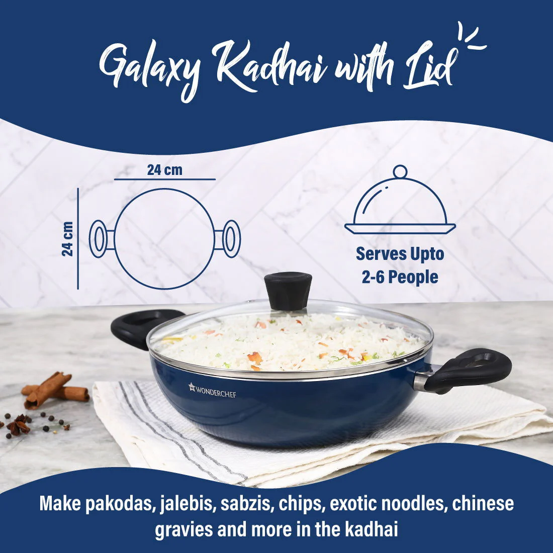 Galaxy Kadhai with Lid 24 cm, 2 litres, Midnight Blue, 2 Years Warranty - Image 2