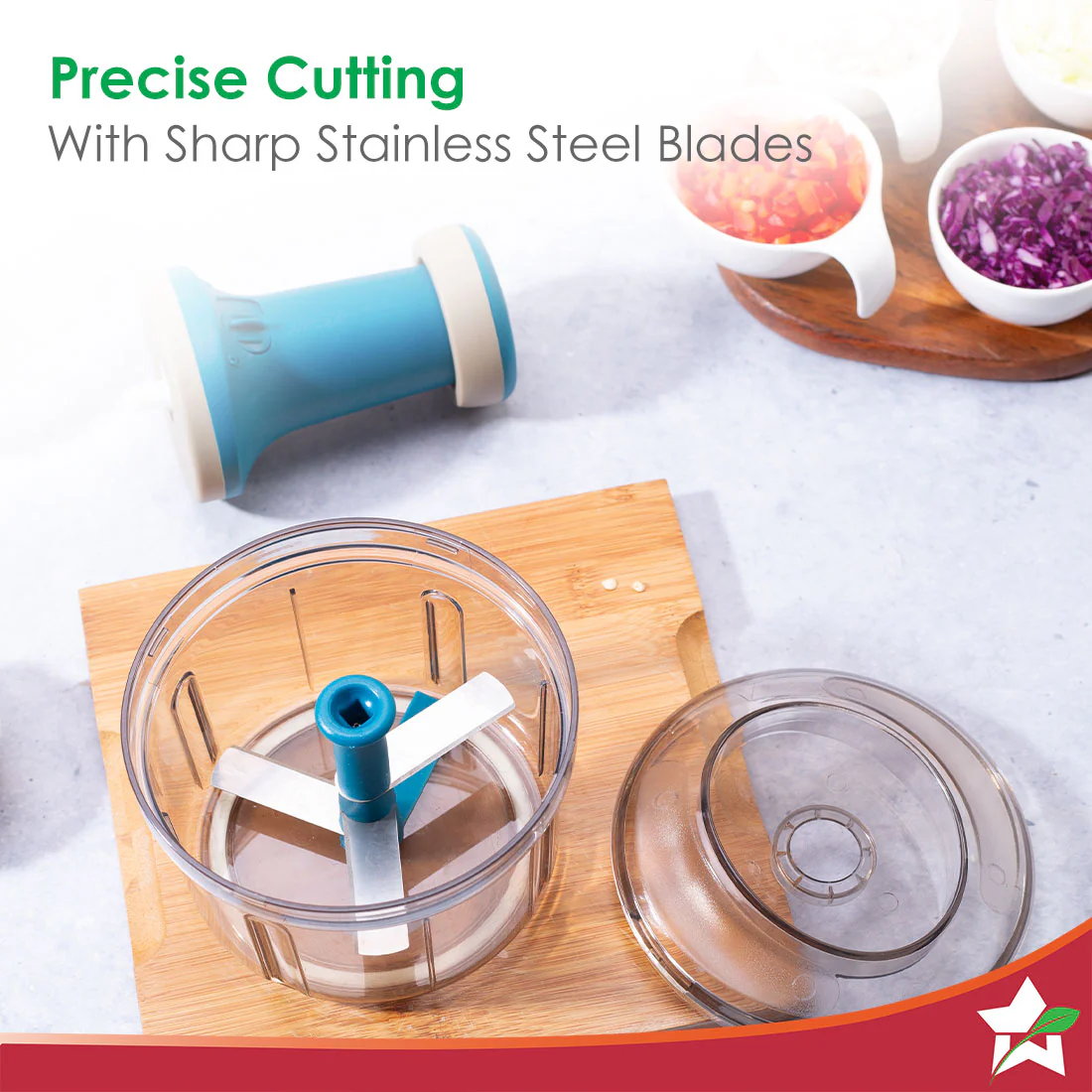 Glory Push Chopper | 800 ml | 3 Stainless Steel Blades | Anti-Slip Silicone | Air Tight Lid | Silicone Supported Base | Efficient String Mechanism | Transparent Jar | Safety Locking Mechanism | Easy to Clean | 1 Year Warranty - Image 4