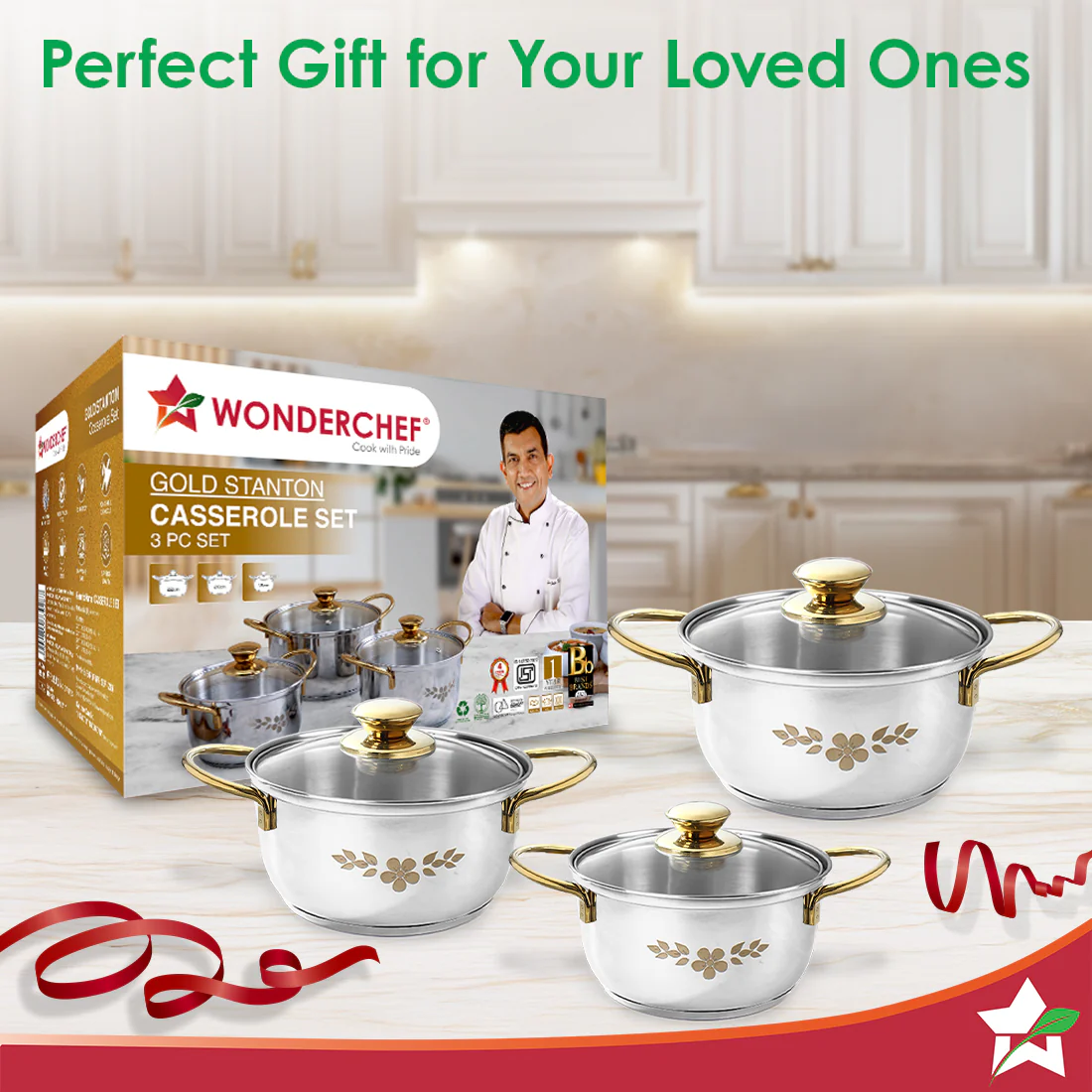 Gold Stanton Stainless Steel 3 piece Casserole Set with Glass Lid | Golden knobs and handles | Induction & Gas Stove friendly | Set of 3 (1.6L, 2.3L, 3.1L) | 1 Year Warranty - Image 6