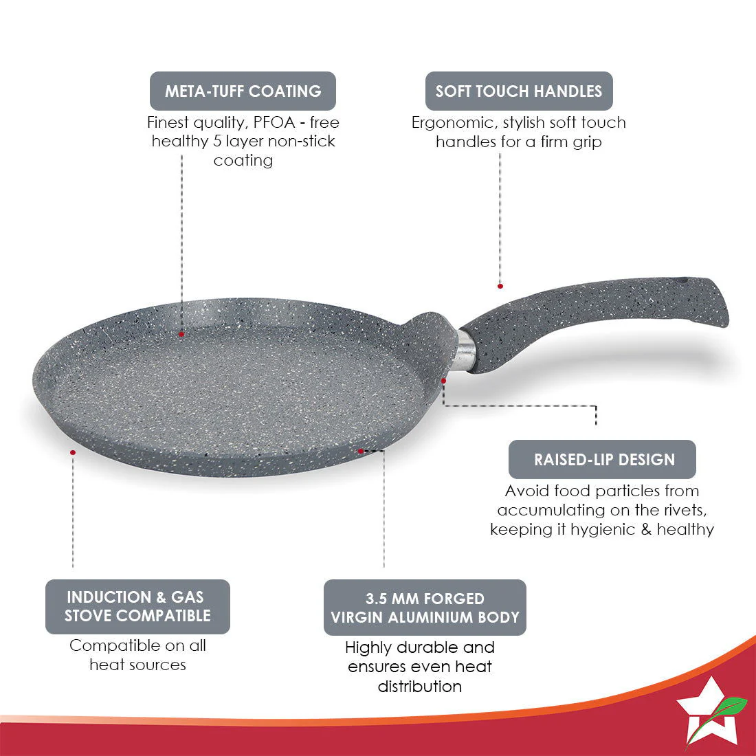 Wonderchef Renewed Granite 24cm Non-Stick Dosa Tawa | Induction Bottom | Soft-Touch Handles | Virgin Grade Aluminium | 3.5mm Thick | PFOA/Heavy Metals Free - Image 3