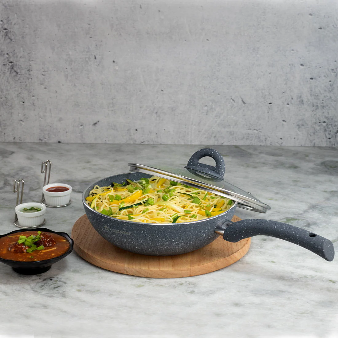 Wonderchef Renewed Granite 26cm Non-Stick Wok (without Lid) | 3.1L | Induction Bottom | Soft-Touch Handles | Virgin Grade Aluminium | 3.5mm Thick | PFOA and Heavy Metals Free - Image 4