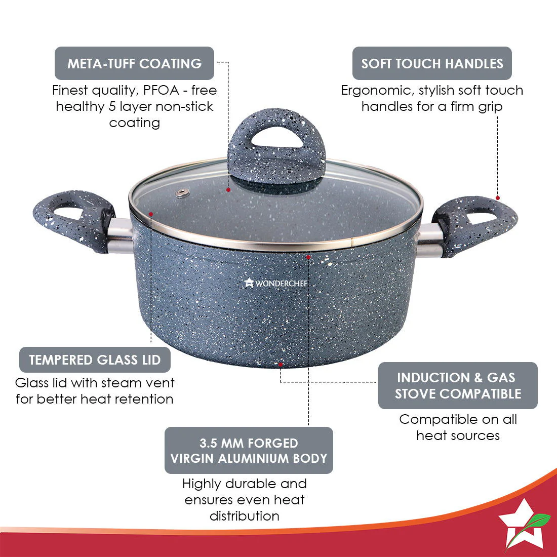 Wonderchef Renewed Granite Die-Cast Non-stick Casserole 24cm (without Lid) | Induction Bottom | Soft-touch Handles | Virgin Grade Aluminium | 3.5mm Thick | PFOA/Heavy Metals Free - Image 3