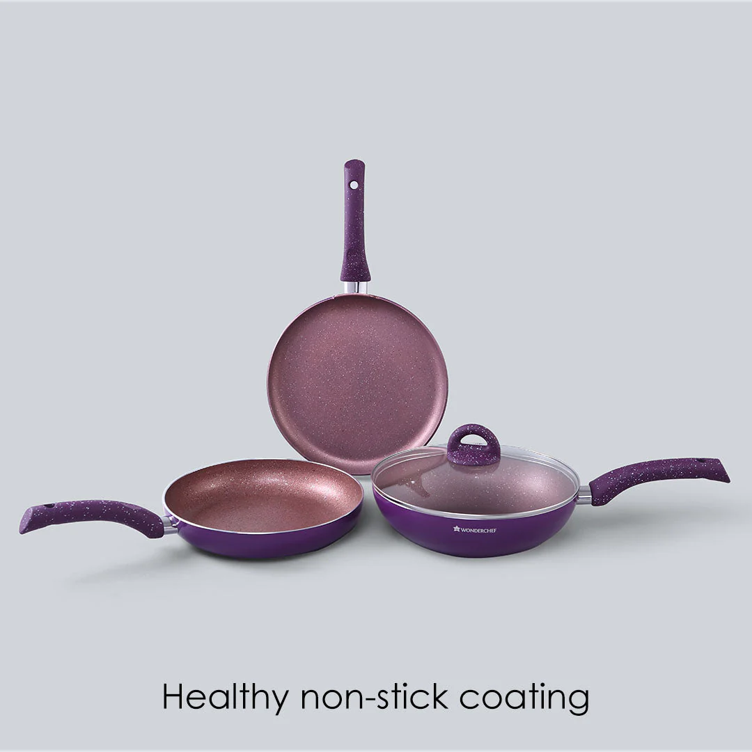 Granite Non-stick Cookware Set, 4Pc (Frying Pan With Lid, Wok, Dosa Tawa), Induction Bottom, Soft-Touch Handles, Pure Grade Aluminium, PFOA, 3.5mm, 2 Years Warranty, Purple - Image 3