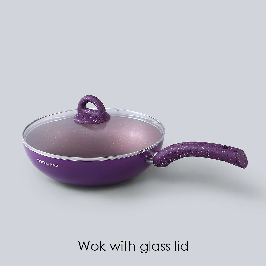 Granite Non-stick Cookware Set, 4Pc (Frying Pan With Lid, Wok, Dosa Tawa), Induction Bottom, Soft-Touch Handles, Pure Grade Aluminium, PFOA, 3.5mm, 2 Years Warranty, Purple - Image 4