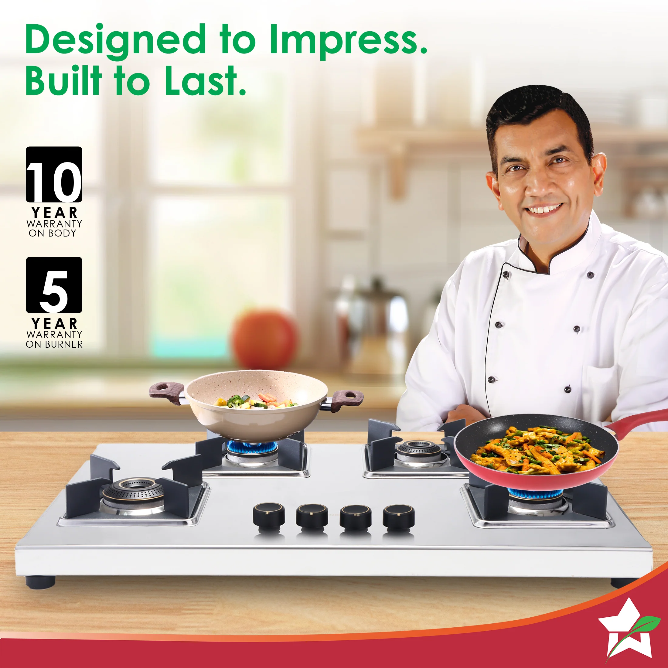 Inox 4 Brass Burner Hobtop, Thick Stainless-steel Construction, LPG Gas Stove for Kitchen, SABAF Leak-proof Valves, Spill-proof Design, Premium Metal Knobs, 2-Yr Warranty - Image 2