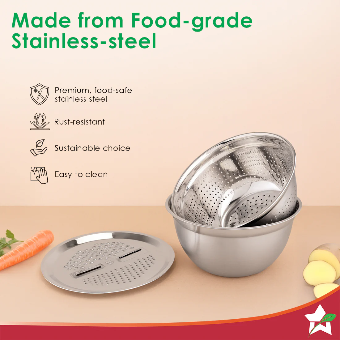 Modena Stainless-steel Bowl with Strainer, Grater | Multi-slot Lid for Fine/Coarse Grating | Food-grade, Non-corrosive, Sturdy | Use to Mix, Grate, Wash, Serve | Anti-skid | 1-year Warranty - Image 5