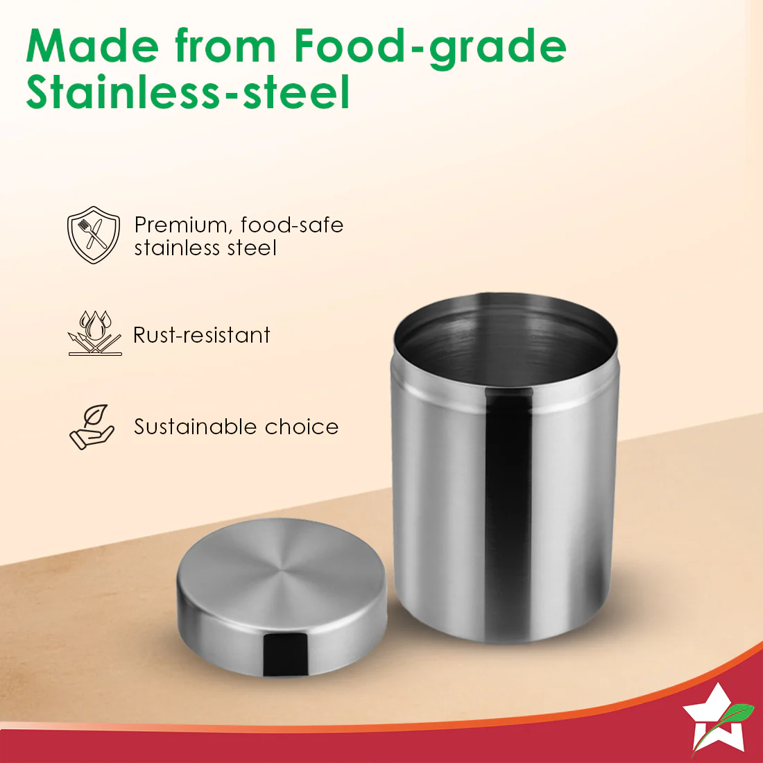 Modena Stainless-steel Kitchen Organiser 2 Pc. Set with Lid for Kitchen/Dining Table, Store Tea Coffee Sugar, Airtight Lid, Moisture-free Food Storage, Wide Mouth, 1-Yr Warranty, Silver - Image 5