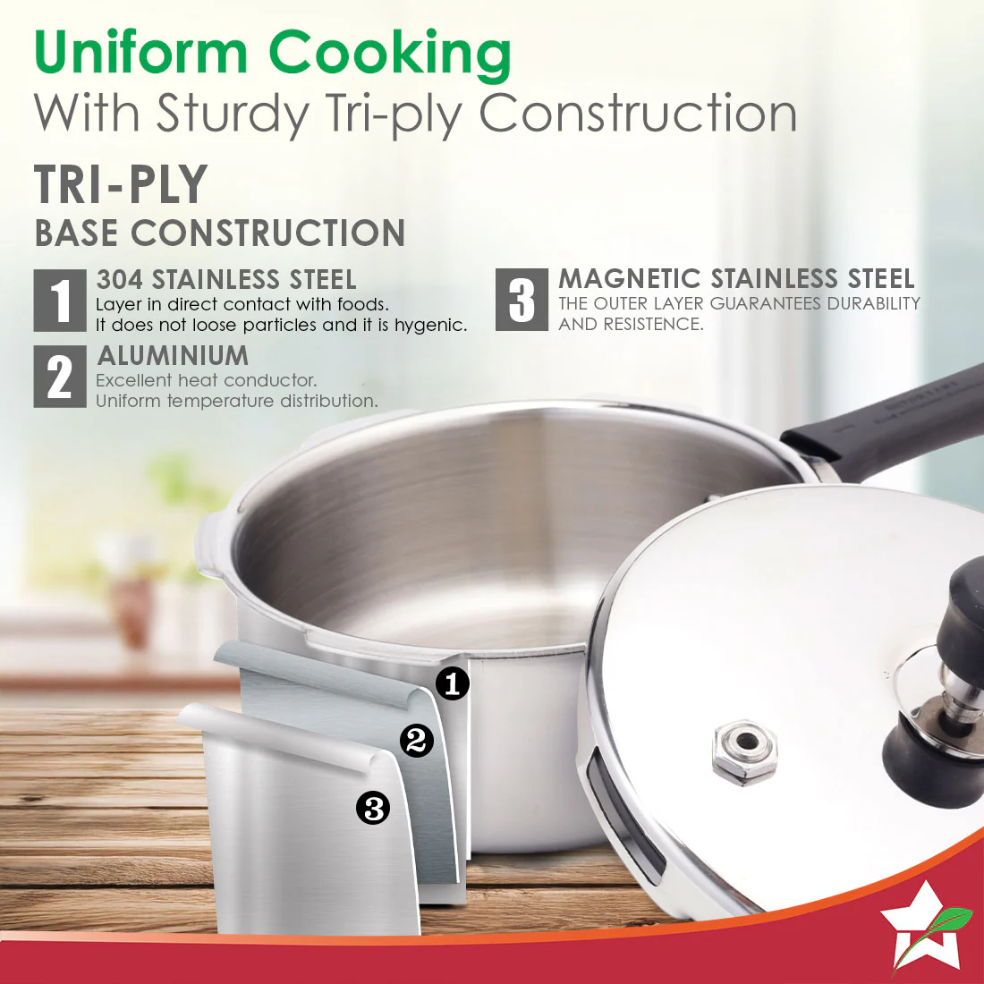 Nigella Triply Stainless Steel Outer Lid Pressure Cooker | 3 Litres | Compatible with Gas Stove, Induction, Ceramic Cooktop | ISI Certified | Uniform Heating | Da Vinci Collection | 5-Year Warranty - Image 5