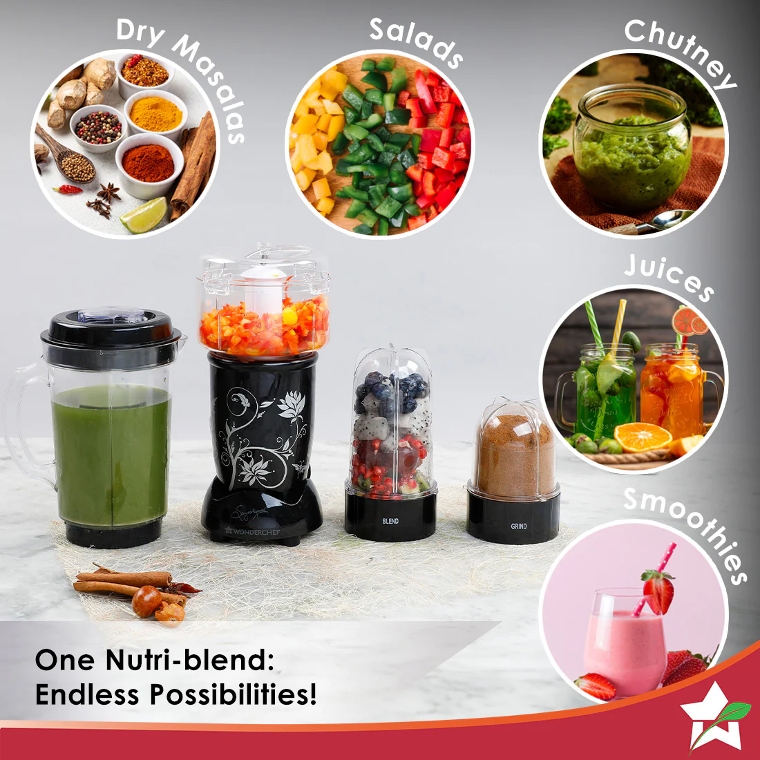 Wonderchef Renewed Nutri-blend Juicer, Mixer, Grinder, Smoothie Maker & Chopper CKM | 22000 RPM Blender, Chopper, Juicer | 400W | 100% Full Copper Motor | SS Blades | 4 Unbreakable Jars - Image 3
