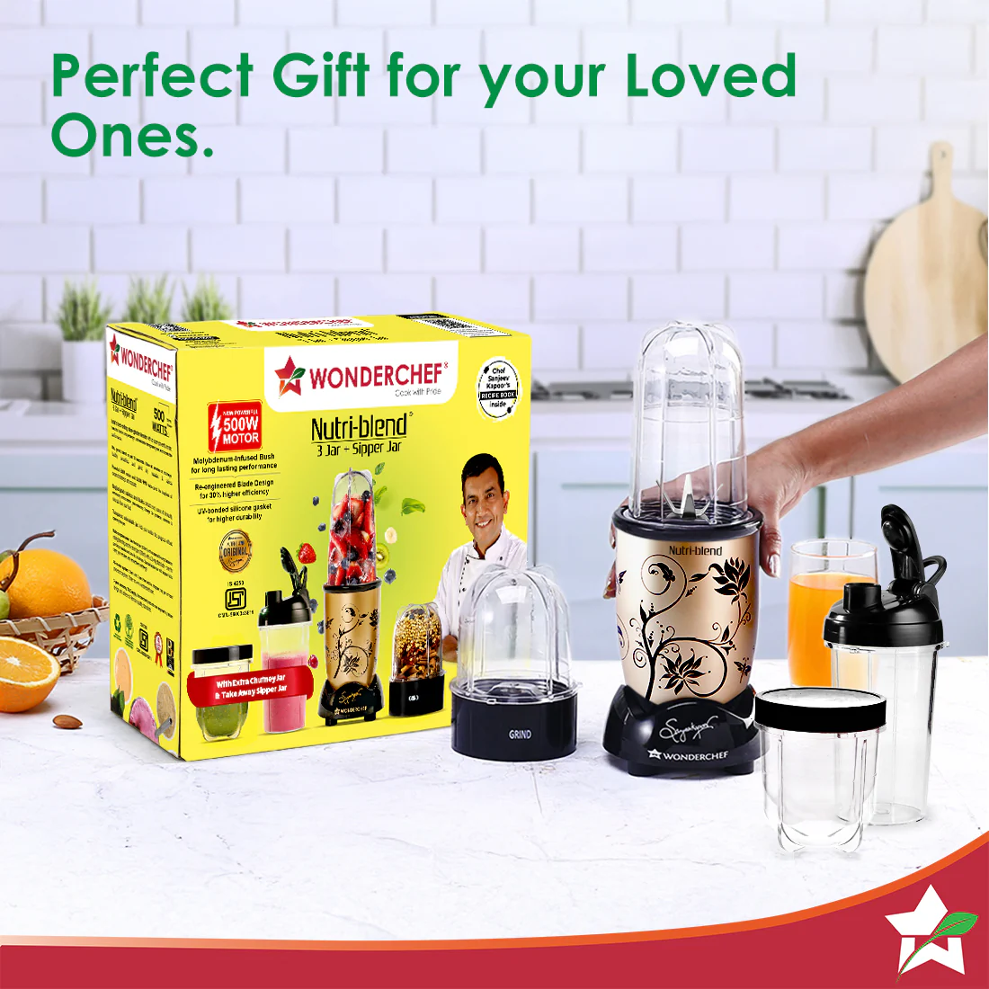 Nutri-blend 500W Mixer Grinder, 22000 RPM Motor, Smoothie Maker, Masala Grinder, Chutney Blender, 3 Unbreakable Jars & Sipper Jar, Recipe Book by Chef Sanjeev Kapoor, 2 Yr Warranty, Champagne - Image 11
