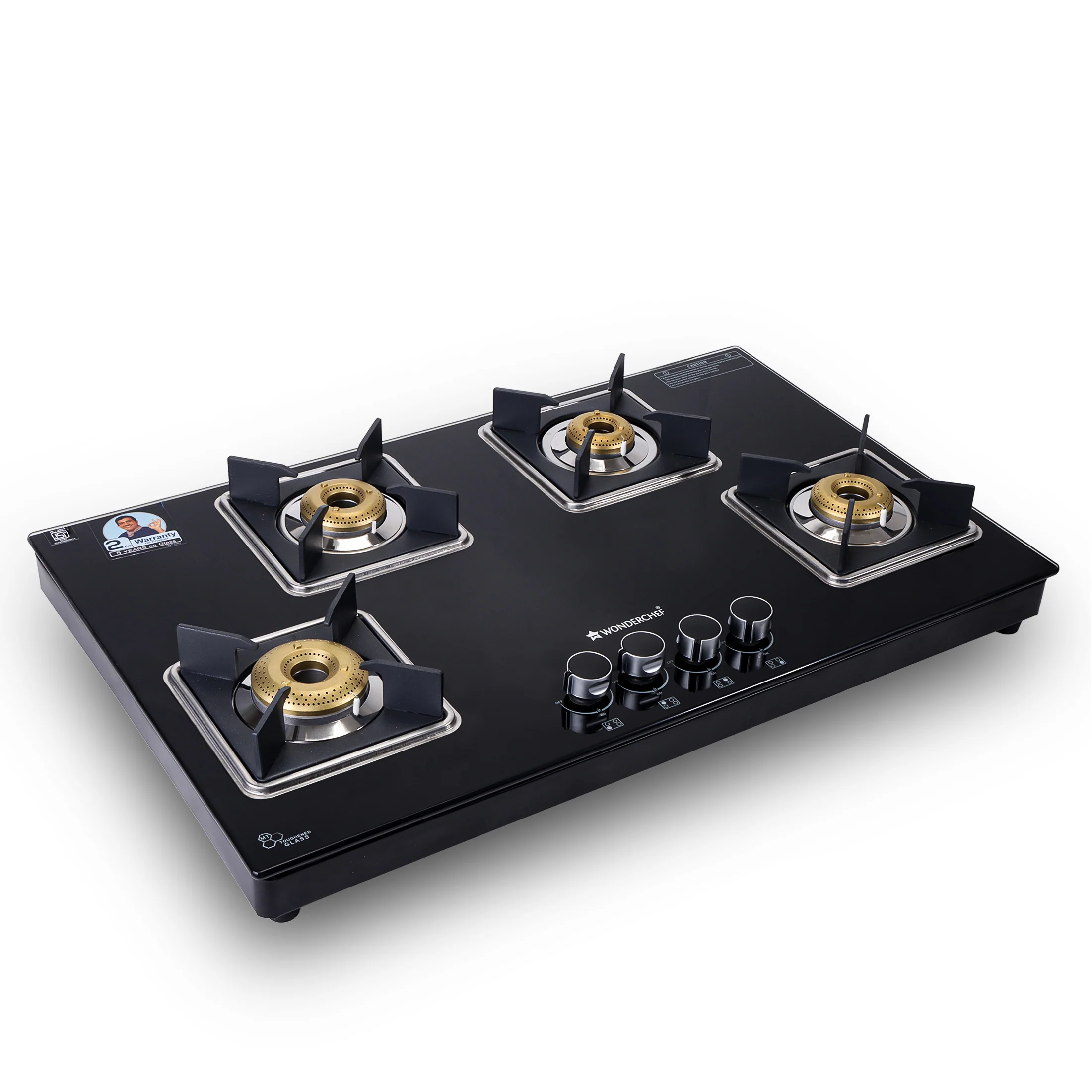 Octavia 4 Burner Glass Hob Top Auto Cooktop | 8mm Toughened Glass | Auto Ignition | Forged Brass Burners | Stainless Steel Drip Tray | Anti-Skid Legs | Large & Heavy Pan support | LPG compatible | Black steel frame | 2 Year Warranty | Black