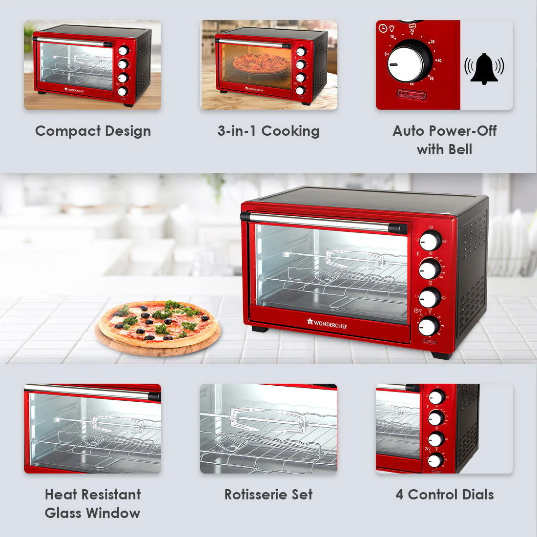 Wonderchef Renewed Oven Toaster Griller (OTG) Crimson Edge - 28L | Auto-shut Off | Heat-resistant Tempered Glass | Multi-stage Heat Selection | 1600W | Red - Image 13