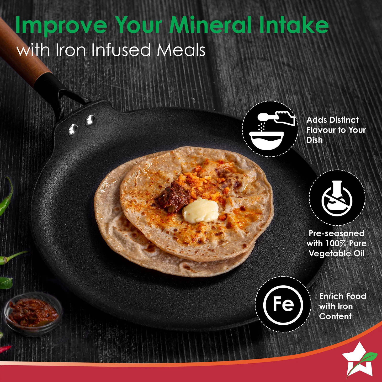 Pre-Seasoned Ferro Light 28cm Dosa Tawa | 4MM | Acacia Wooden Handles | Gravity Moulding Technology | No Chemical Coating |10 Year Warranty - Image 4