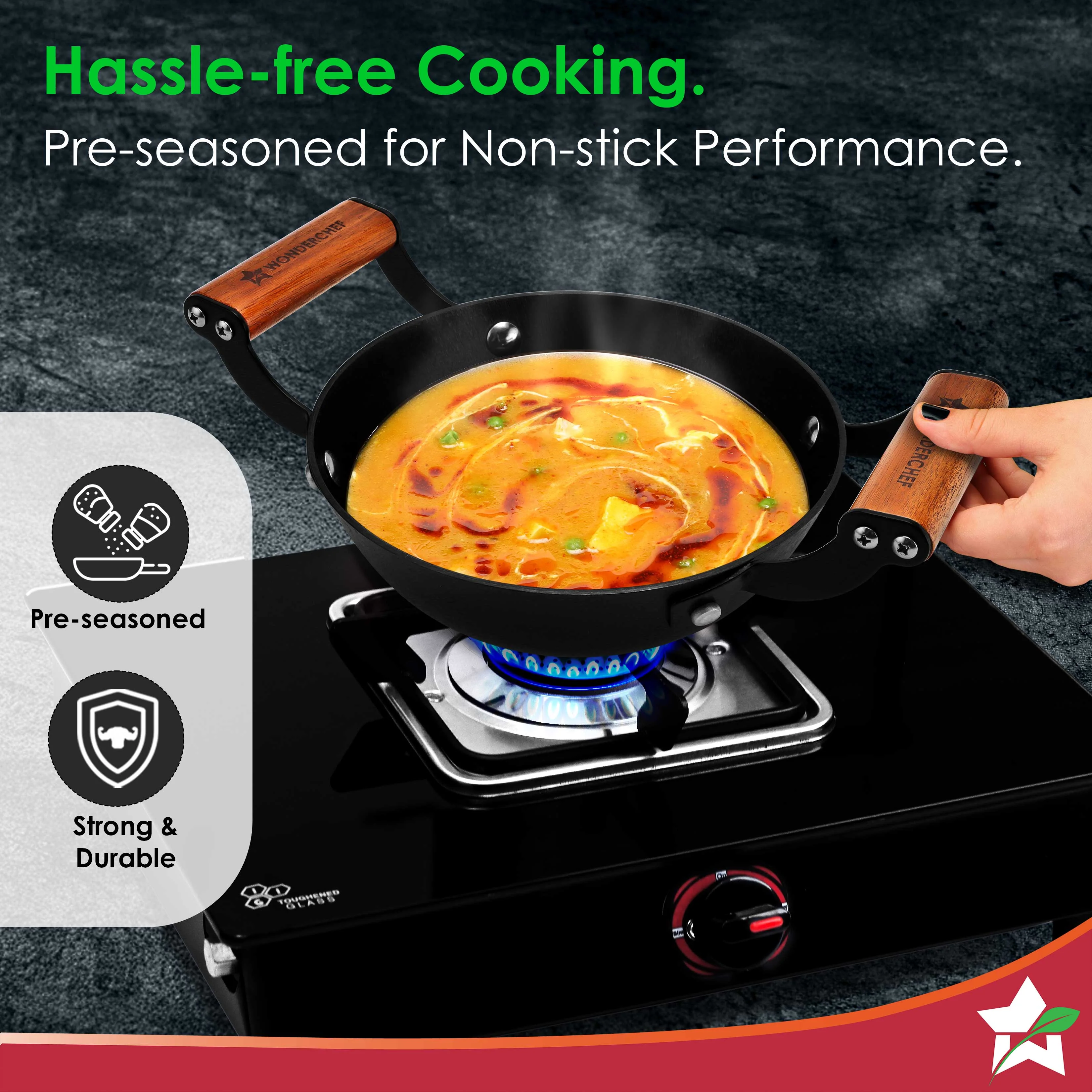 Pre-Seasoned Ferro Light 28cm Kadhai | 3.2L | Acacia Wooden Handles | Gravity Moulding Technology | No Chemical Coating |10 Year Warranty - Image 5