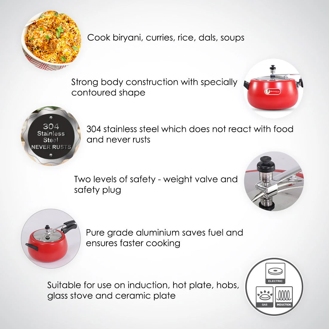 Regalia Induction Base 5L Pressure Cooker with Inner Lid, 2 Years Warranty, Red - Image 7