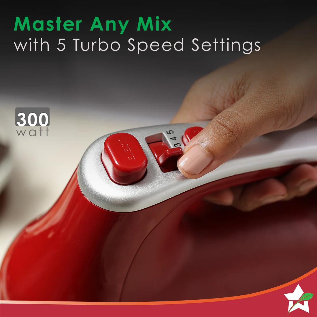 Crimson Revo Stand Mixer and Beater with 5 Speed Settings | Rotating Head Technology | 4.5L SS Bowl | 300 Watt Powerful Copper Motor | Mixing Beater, Dough Hook Attachments & Spatula | Ideal for Home Cooks & Professional Bakers | 2 Year Warranty | Red - Image 4