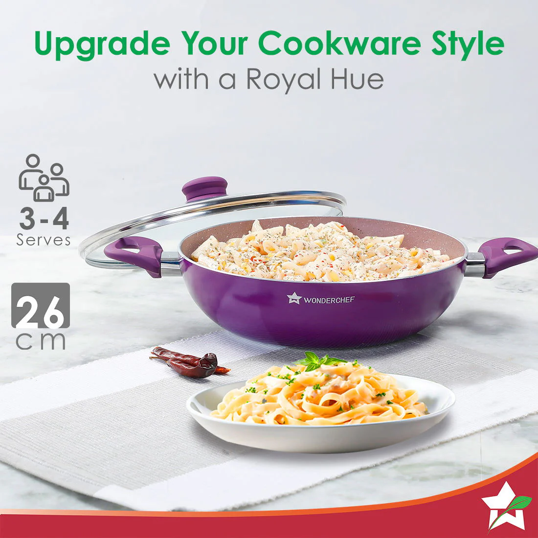Royal Velvet Non-stick 26cm Kadhai with Lid and Handles | Glass Lid | Induction Ready | Soft-touch handles |Non – Toxic I Virgin Aluminium| 3 mm thick | 2 year warranty | Purple - Image 5