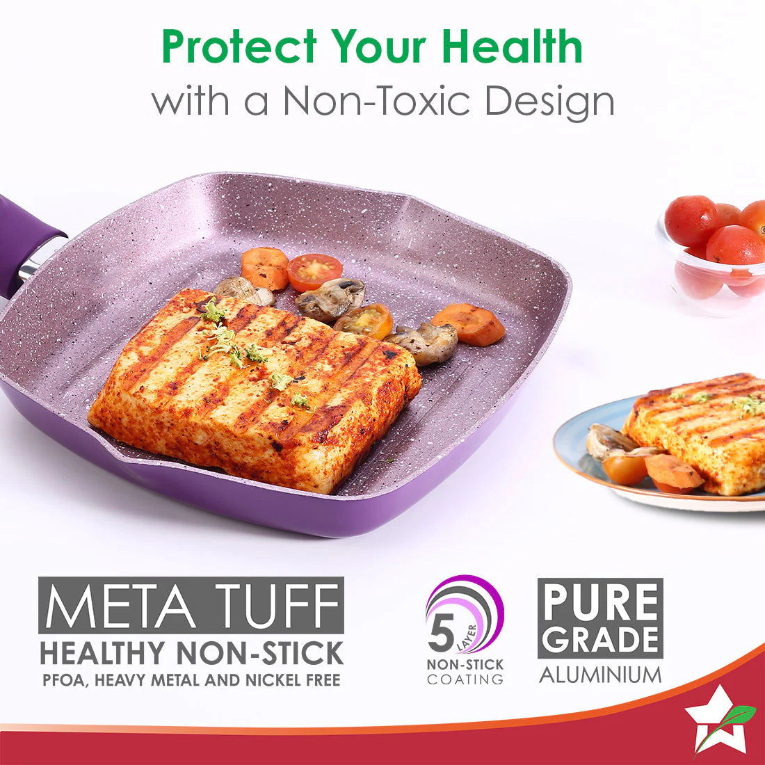 Royal Velvet 24cm Grill Pan | Soft-touch handles |Non – Toxic I Virgin Aluminium| 3 mm thick | 2 year warranty | Purple - Image 3