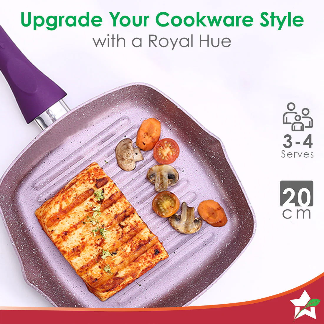 Royal Velvet 24cm Grill Pan | Soft-touch handles |Non – Toxic I Virgin Aluminium| 3 mm thick | 2 year warranty | Purple - Image 5