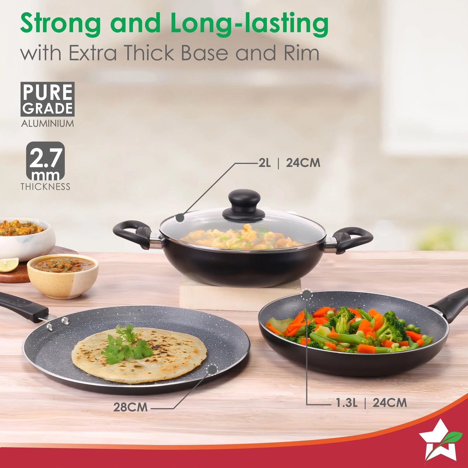 Sienna Non-stick Cookware 4 Pc Set | Dosa Tawa, Fry Pan, Kadhai for Cutlets, Curries, Dosas | PFOA Free | Virgin Aluminium | Energy Efficient | Stylish Granite Finish | 2-year Warranty - Image 3