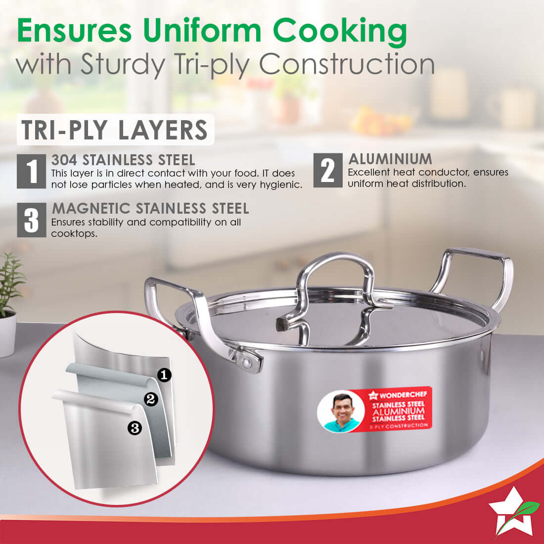 Stella Triply Stainless Steel Casserole with Lid | 22 cm, 3.5 Litres | Compatible with Gas Stove, Induction, Ceramic Cooktop | Non-toxic | Heavy-duty Handle | 10-year Warranty - Image 3