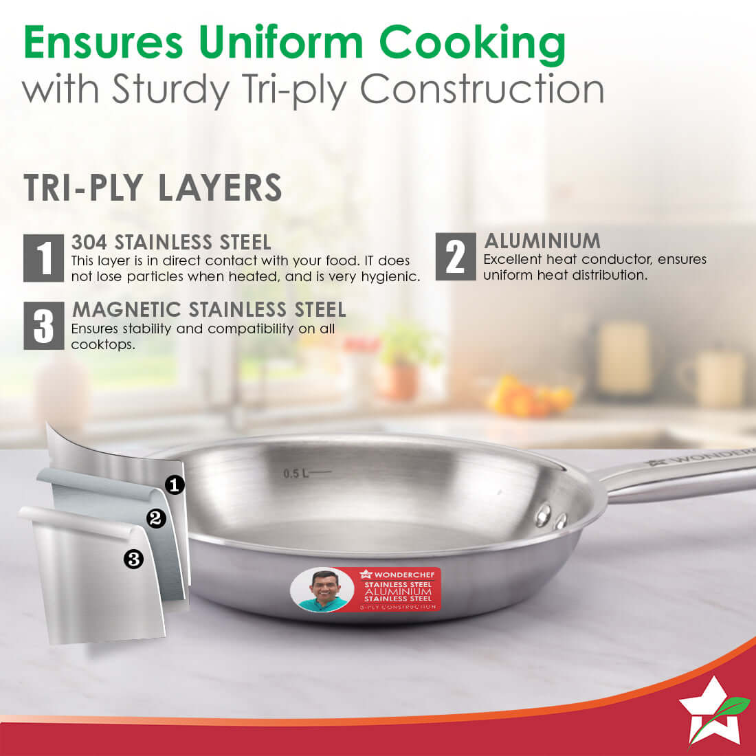 Stella Triply Stainless Steel Fry Pan | 24 cm, 1.7 Litres | Compatible with Gas Stove, Induction, Ceramic Cooktop | Non-toxic | Uniform Heating | Heavy-duty Handle | 10-year Warranty - Image 3