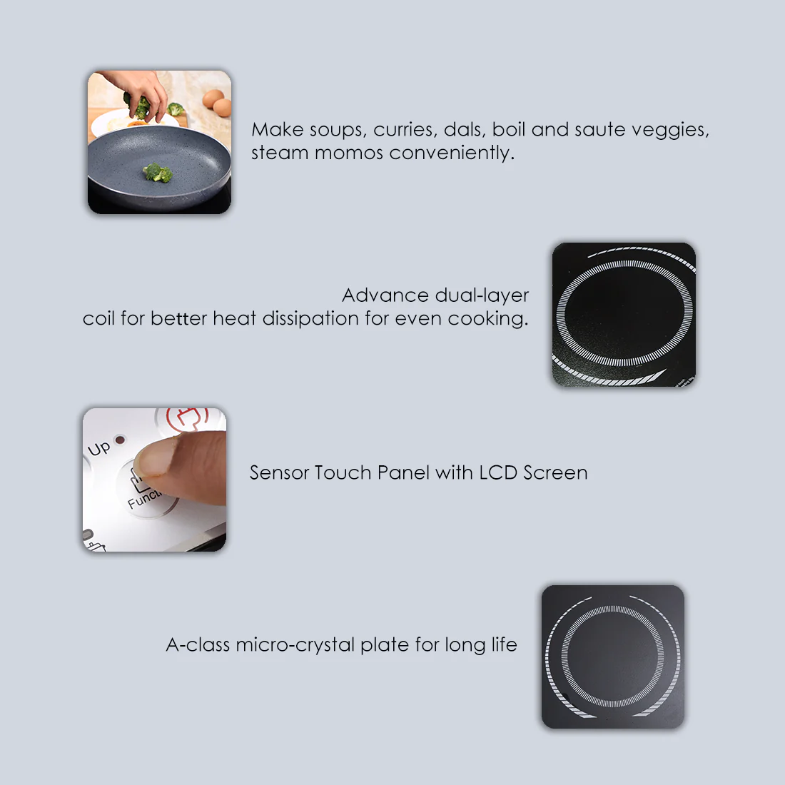 Torino Induction Cooktop with 11 Pre-set Cooking Menus|2000 Watt Induction Cooktop| Eco-friendly IGBT Technology|Crystal Glass Top Surface| LCD Digital Panel | Smart Touch Buttons|Compact & Portable Induction Cooktop| 2 Year Warranty - Image 7