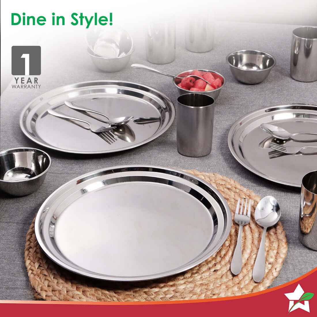 Venice Stainless Steel Dinner Set of 12pcs | Plates, Glasses, Bowls, Spoons | Classic Design and Gloss Finish | 100% Food-grade Stainless Steel | Non-corrosive, Unbreakable | Easy to Clean - Image 2