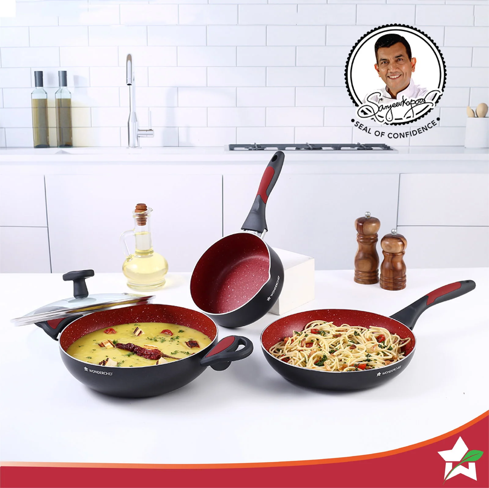 Burlington Aluminum Non-Stick Cookware 4 pc Set | Kadhai with Glass Lid 1.15L, Sauce Pan 2.6L, Fry Pan 1.7L | Induction Bottom | Soft Touch Handles | Pure Grade Aluminium | PFOA Free | 2 Year Warranty | Red/Black - Image 3