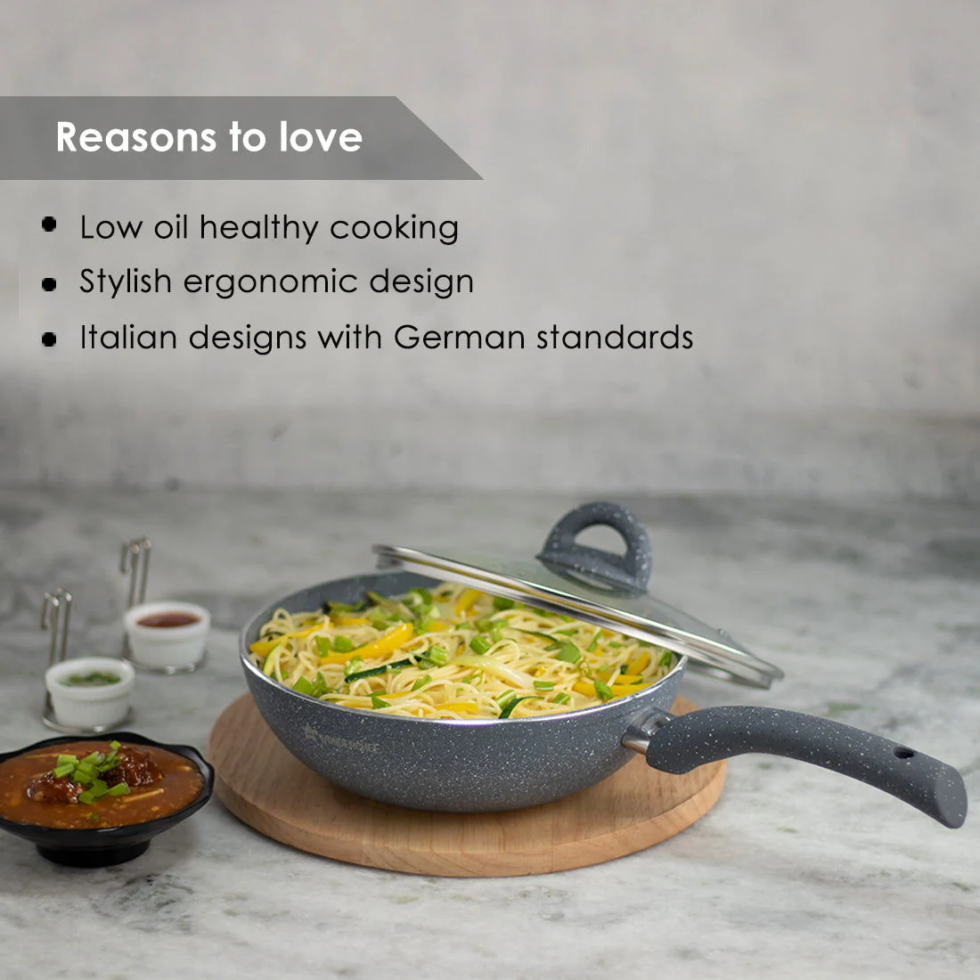Granite 24 cm Non-Stick Wok | Glass Lid | Induction Bottom | Soft-Touch Handles | Virgin Aluminium | PFOA and Heavy Metals Free | 3.5mm Thick| 24cm, 2.7 litres | 2 Year Warranty | Grey - Image 11