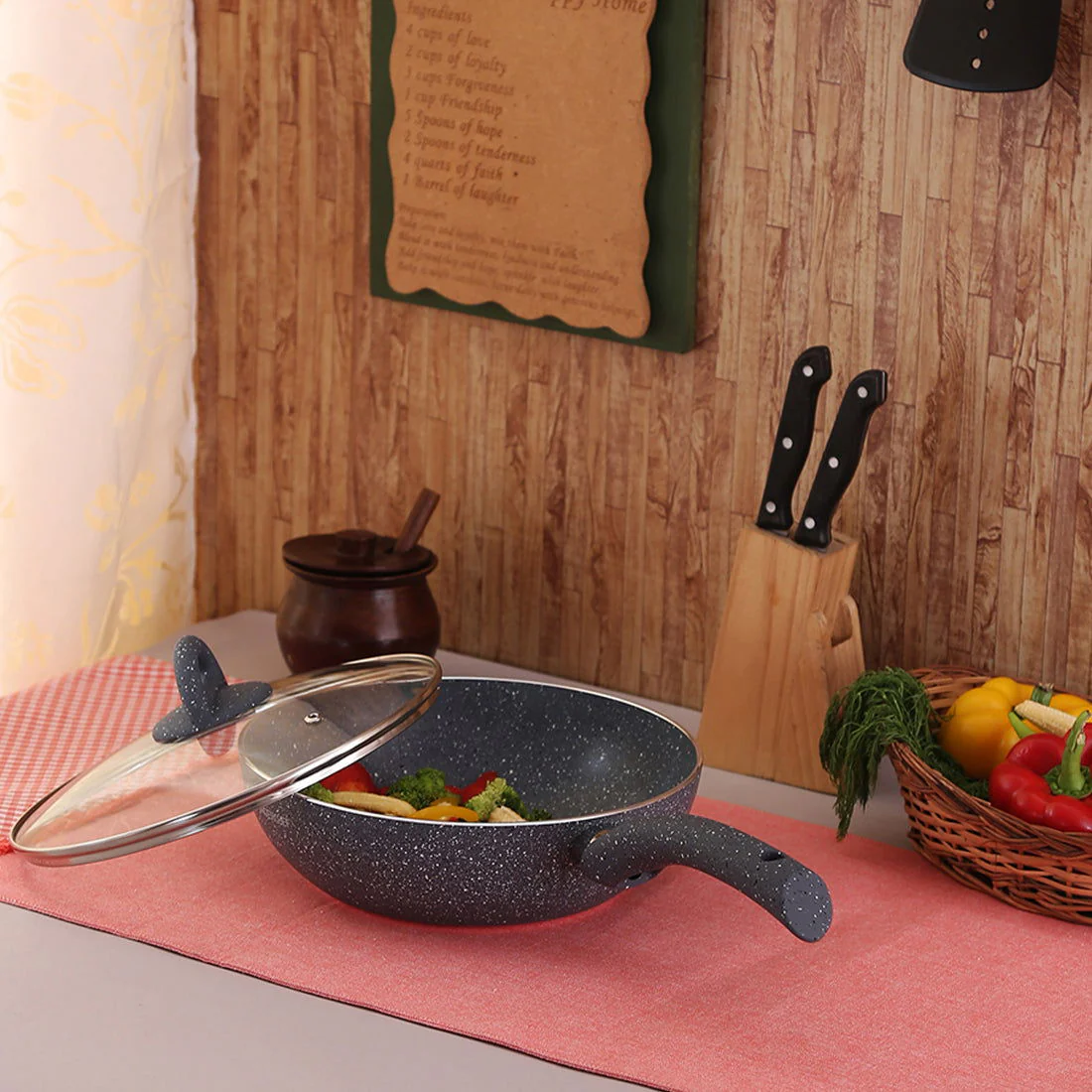 Granite 24 cm Non-Stick Wok | Glass Lid | Induction Bottom | Soft-Touch Handles | Virgin Aluminium | PFOA and Heavy Metals Free | 3.5mm Thick| 24cm, 2.7 litres | 2 Year Warranty | Grey - Image 3