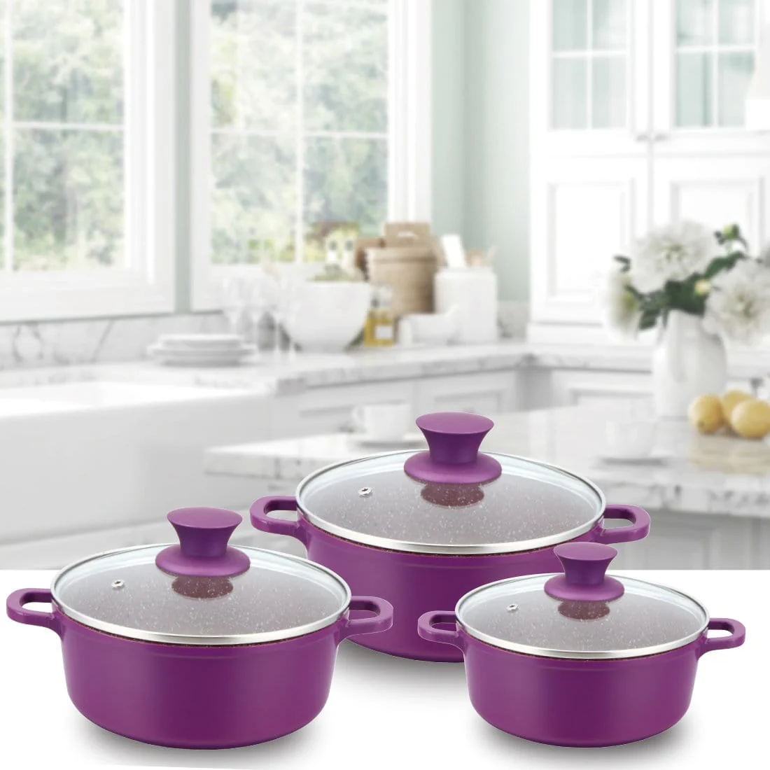 Granite Die-Cast Non-stick 6-piece Casserole Set with Lids, Induction bottom, Soft-touch handles, Virgin grade aluminium, PFOA/Heavy metals free, 3.5mm, 2 years warranty, Purple - Image 3