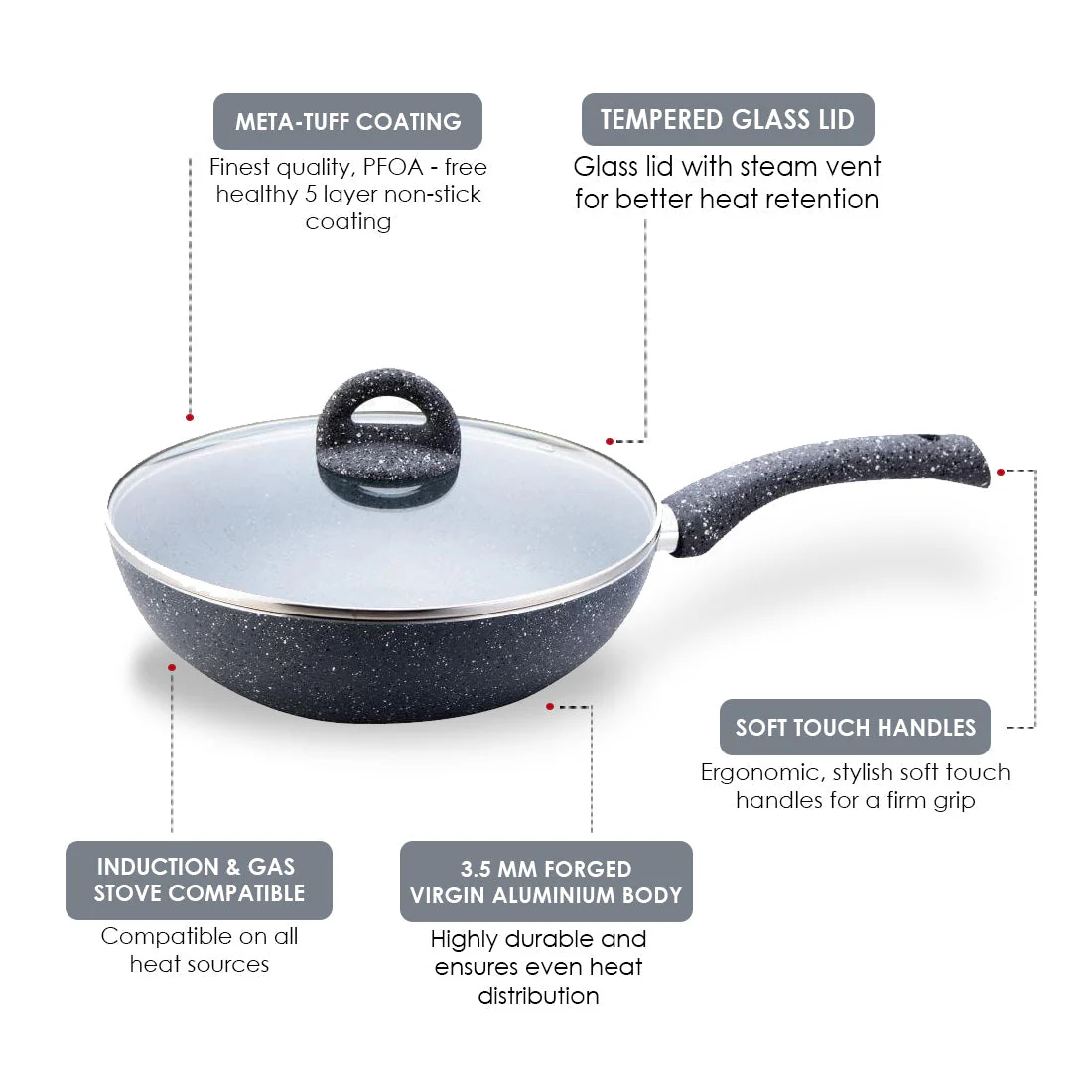 Granite 26cm Non-Stick Wok | Glass Lid | Induction Bottom | Soft-Touch Handles | Virgin Aluminium | PFOA and Heavy Metals Free | 3.5mm Thick| 26cm, 3.1 litres | 2 Year Warranty | Grey - Image 10