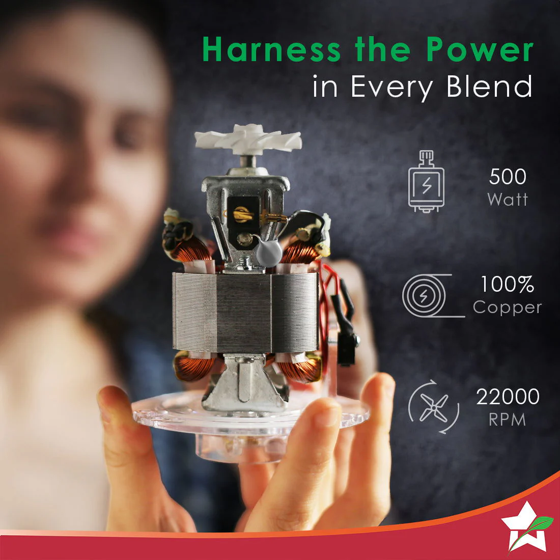 Nutri-blend 500W Mixer Grinder, 22000 RPM Motor, Smoothie Maker, Masala Grinder, Chutney Blender, 3 Unbreakable Jars & Sipper Jar, Recipe Book by Chef Sanjeev Kapoor, 2 Yr Warranty, Red - Image 5
