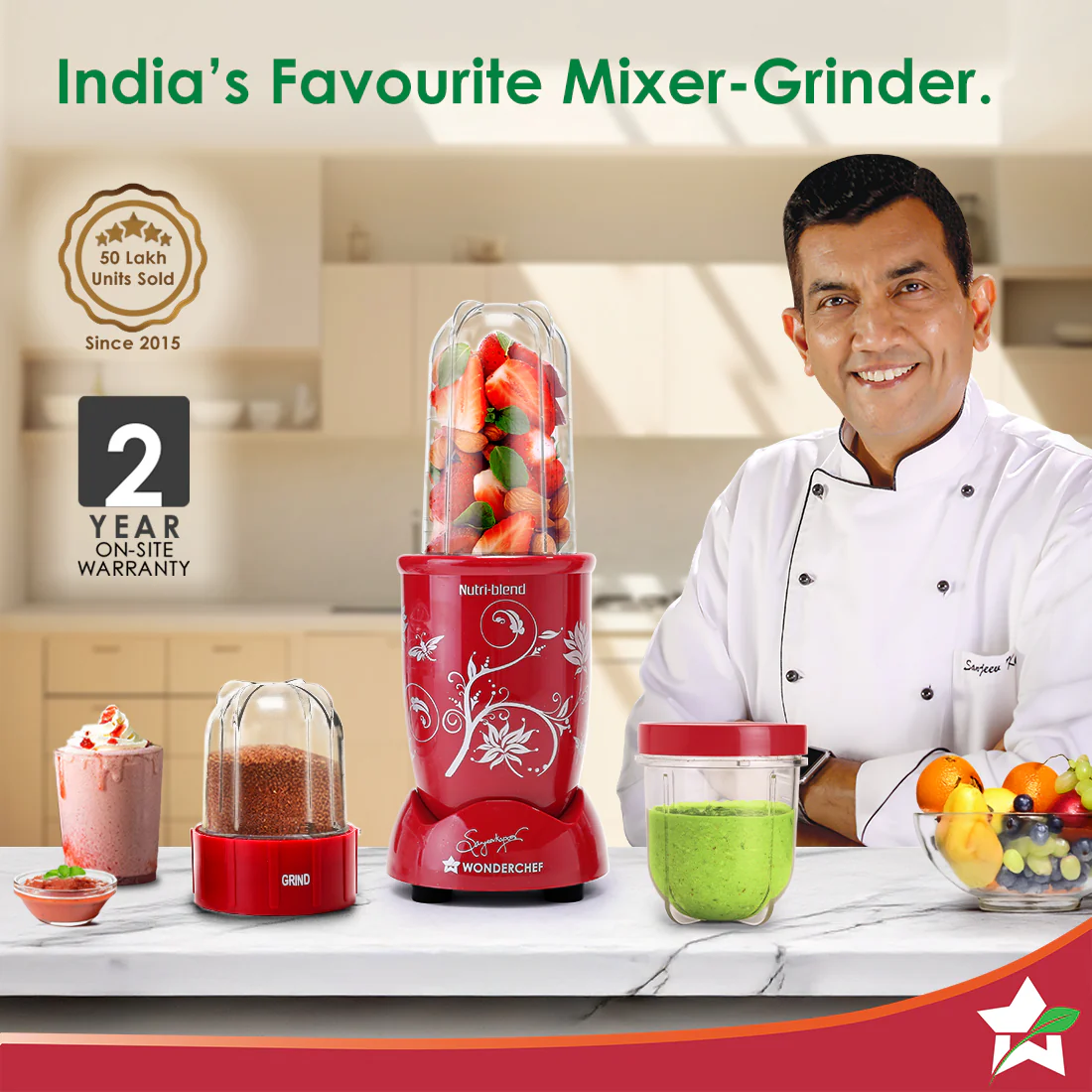 Nutri-blend 500W Mixer Grinder, 22000 RPM Motor, Smoothie Maker, Masala Grinder, Chutney Blender, 3 Unbreakable Jars, Recipe Book by Chef Sanjeev Kapoor, 2 Yr Warranty, Red - Image 2