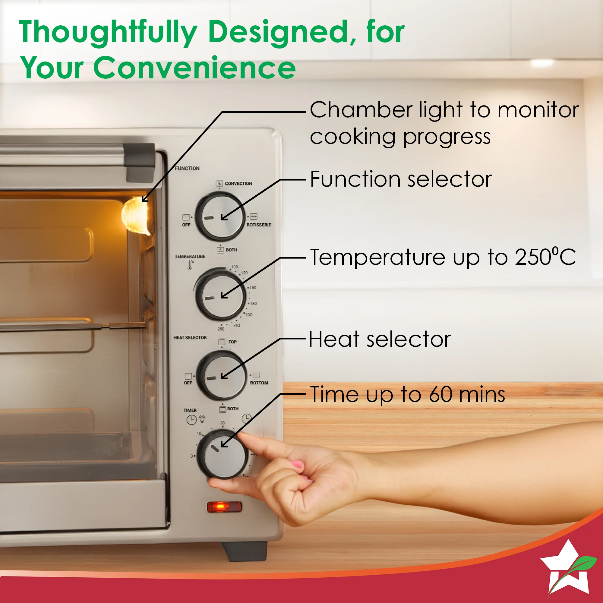 Oven Toaster Griller (OTG) - 60 Litres, Stainless Steel – with Rotisserie, Auto-shut off, heat-resistant tempered glass, 6-stage heat selection - Image 4