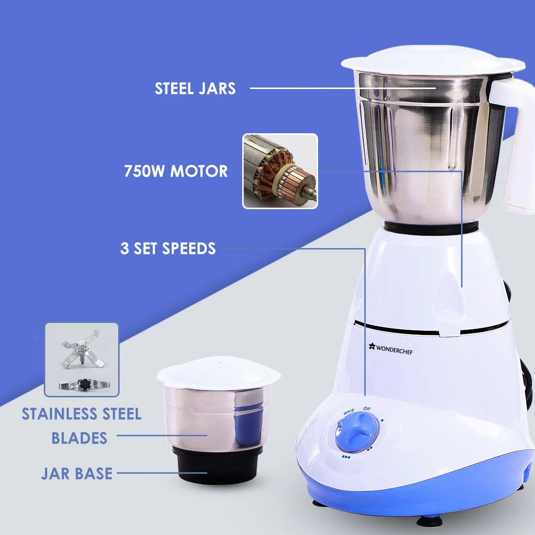 Wonderchef Renewed Capri Mixer Grinder | 750 Watts | 3 Stainless Steel Jars | 1 Year Warranty - Image 10